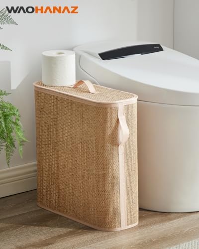 Bamboo Toilet Paper Storage Basket with Lid & Handle - 32L Large Capacity Handwoven Bathroom Organizer for 16 Rolls - Sturdy Stand Holder for Toilet Paper Organization, Carbon Brown
