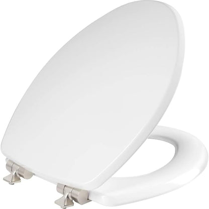 Mayfair Bennett Toilet Seat with Brushed Nickel Hinges, Slow Close Wood Seat, Secure Metal Hinges, Easy Install, Elongated, White