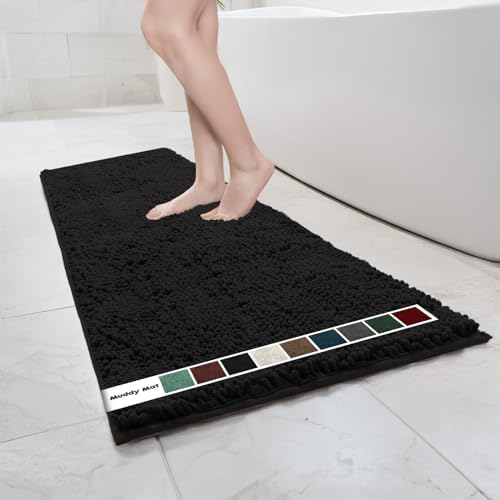Muddy Mat® | Chenille Bathroom Rugs Quick Dry Microfiber Mats Non Slip Washable, Extra Thick, Soft and Highly Absorbent Bath Mats for Bathroom, Kitchen, and Shower Floor - Black 24"x59"