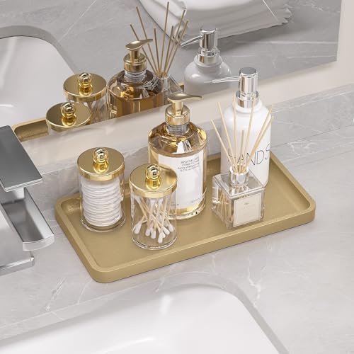 Weenson Gold Bathroom Vanity Tray for Countertop Perfume Makeup Jewelry Decor Candle, Bamboo Kitchen Tray for Soap Dispenser Spice Coffee, Toilet Tank Tray 11.81”L x 6.1”W x 0.79”H