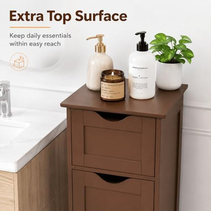 VINGLI 4-Drawer Bathroom Storage Cabinet, Slim Freestanding Floor Cabinet Organizer, 11.8" W x 11.8" D x 32.1" H, Narrow Linen Cabinet for Toiletries, Towels, Toilet Paper, Walnut Brown