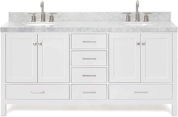 ARIEL Cambridge 72-inch Bathroom Vanity with Sink,Solid Wood, 2-inch Italian Carrara Marble Countertop & Backsplash, Double Oval Porcelain Sink, 4 Soft Closing Doors, 6 Dovetail Drawers, White