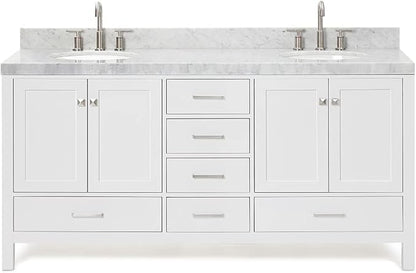 ARIEL Cambridge 72-inch Bathroom Vanity with Sink,Solid Wood, 2-inch Italian Carrara Marble Countertop & Backsplash, Double Oval Porcelain Sink, 4 Soft Closing Doors, 6 Dovetail Drawers, White