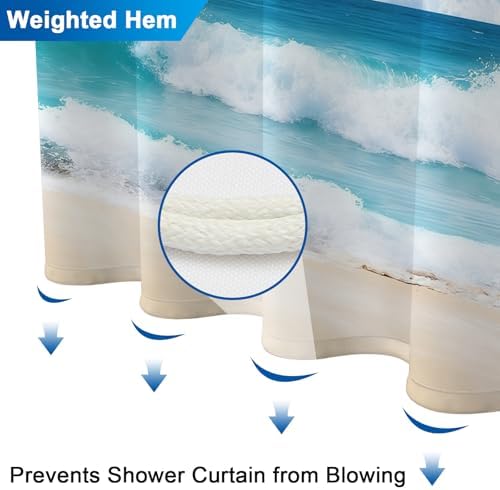 Summer Rainbow Beach Ocean Shower Curtain with Weighted Bottom, Tropical Coastal Waves Waterproof Decorative Shower Curtain, Machine Washable Fabric Shower Curtains with 12 Hooks, 72x72 Inch