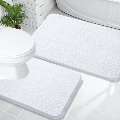 OLANLY Chenille Bathroom Rugs Mats Sets 2 Piece, 36"x24"+24"x20", White