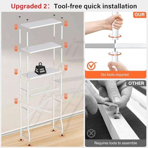 Over the Toilet Storage shelf, 4-Tier Bathroom Organizer Rack, Easy To Install with Adjustable Feet Pad and Basket Freestanding Bathroom Shelves Above Toilet, Space Saver Toilet Storage Cabinet(White)