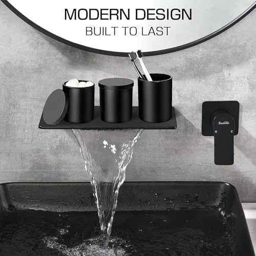 Matte Black Bathroom Accessories Set, 5 Pcs Bathroom Accessories Set, Glass Soap Dispenser and Toothbrush Holder Set, Qtip Holder and Cotton Ball Holder, Modern Bathroom Decor Sets