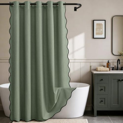 Furlinic Extra Long Shower Curtain Scalloped No Hook Olive Green W72 x H96