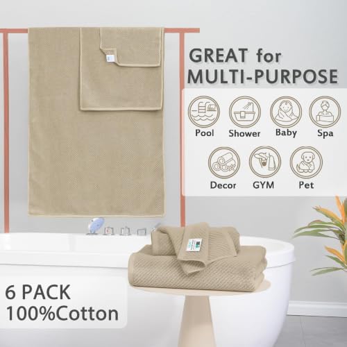 VOOVA & MOVAS 6PC Towel Set, 100% Cotton, Dark Beige