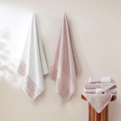 Modern Threads Allie 6-Piece 100% Cotton Towel Set – Jacquard Floral Border – Includes 2 Bath Towels, 2 Hand Towels, 2 Washcloths – Absorbent, Quick Dry, Soft & Durable – Blush Pink