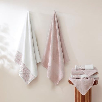 Modern Threads Allie 6-Piece 100% Cotton Towel Set – Jacquard Floral Border – Includes 2 Bath Towels, 2 Hand Towels, 2 Washcloths – Absorbent, Quick Dry, Soft & Durable – Blush Pink
