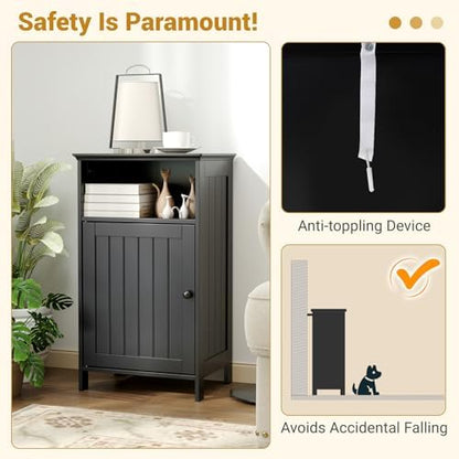 LDAILY Bathroom Cabinet, Freestanding Small Cabinet with Door, 3-Position Adjustable and Removable Shelf, Anti-Tipping Device, Wooden Floor Organizer for Bathroom, Kitchen, Office (Dark)