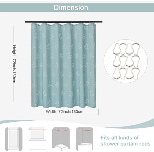 ORTIGIA Light Blue Linen Shower Curtain Farmhouse Vintage Floral Shower Curtains Baby Blue Boho Rustic Block Print Cottagecore Decor for Bathroom 72 W x 72 L
