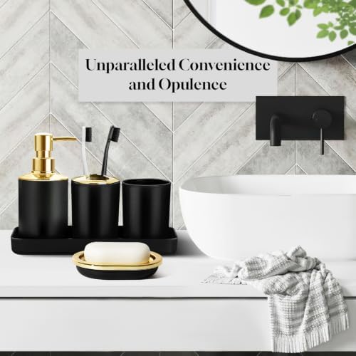 Bathroom Set, 10Pcs Bathroom Shower Curtain Sets with Hooks, Bathroom Accessories Set with Trash Can, Bathroom Accessories Sets Complete with Shower Curtain Set, Black Bathroom Accessory Set