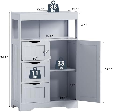 JUMMICO Bathroom Floor Cabinet, Wooden Free-Standing Storage Organizer with 1 Door and 3 Drawers, Bathroom Storage Cabinet for Living Room/Kitchen/Hallway/Home Office (Grey, 3 Drawers)