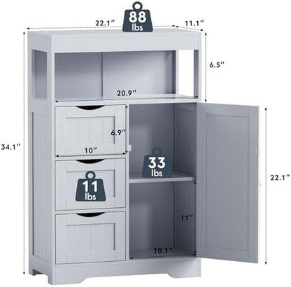 JUMMICO Bathroom Floor Cabinet, Wooden Free-Standing Storage Organizer with 1 Door and 3 Drawers, Bathroom Storage Cabinet for Living Room/Kitchen/Hallway/Home Office (Grey, 3 Drawers)