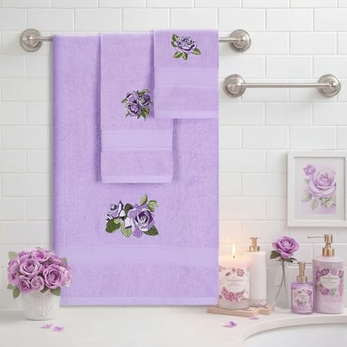 3 Pcs Rustic Purple Roses Bathroom Towel Set Farmhouse Embroidered Purple Roses Towels Vintage Decorative 100% Cotton Bath Towel Highly Absorbent Elegant Summer Decor Set for Bathroom
