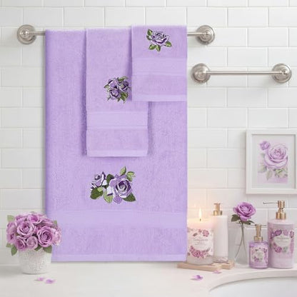 3 Pcs Rustic Purple Roses Bathroom Towel Set Farmhouse Embroidered Purple Roses Towels Vintage Decorative 100% Cotton Bath Towel Highly Absorbent Elegant Summer Decor Set for Bathroom