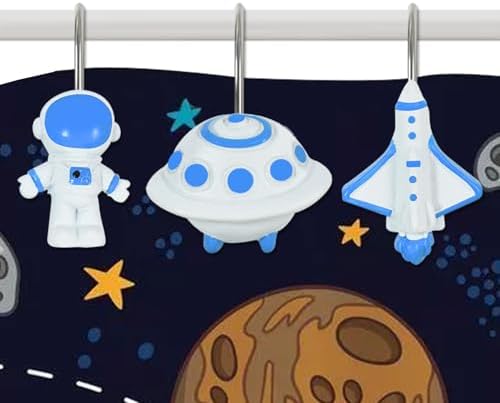 12-Piece Outer Space Galaxy Rocket Planet Shower Curtain Hooks