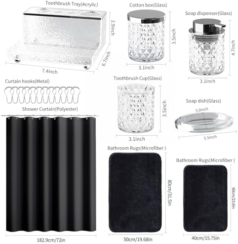 Bathroom Accessories Set - 20PCS Glass Bathroom Set with Shower Curtain and Rugs, Soap Dispenser, Soap Dish, Cup, Qtip Jar, Toothbrush Holder, Stylish & Functional Bath Decor for Home, Apartment