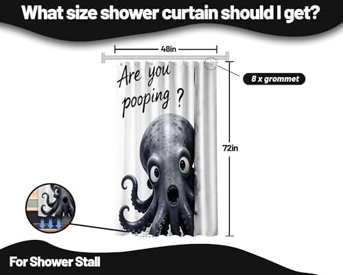 Small Stall Shower Curtain Rv Black and White Octopus, 48 x 72 Inchs