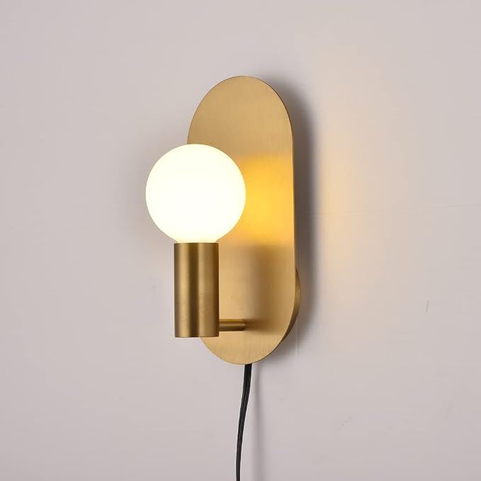 Plug in Wall Sconce Set of 2, Modern Sconces Wall Lighting Cord with On Off Switch, Brushed Gold Wall Mount Light Fixture for Bedroom Living Room Bathroom Vanity