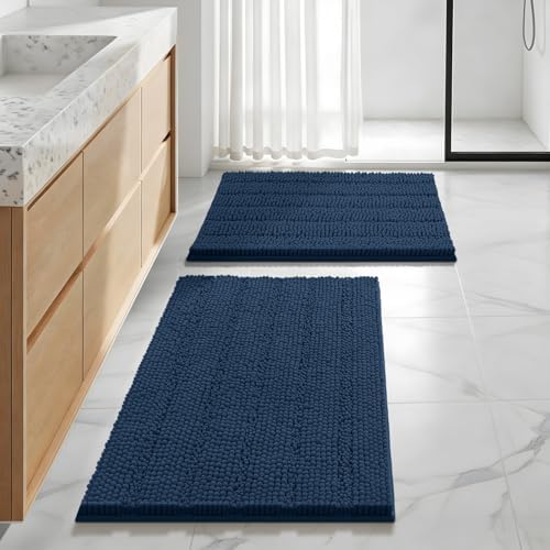 Bcoimo Bath Rug Mat Set, 2 Piece Thick Absorbent Chenille Bathroom Mat Navy