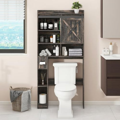Vabches Over The Toilet Storage Cabinet with Sliding Barn Door. Dark Grey