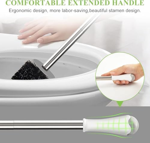 Toilet Brush and Holder Set, 3 Pack with Stainless Steel Handle Toilet Bowl Brush, Compact Toilet Scrubber Brush for Deep Cleaning Bathroom Restroom, Easy to Assemble White & Gray