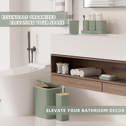 XLHOMO Bathroom Accessories Set - Elegant Sage Green Bathroom Set, 10PC Bathroom Accessory Set, Toilet Brush, Trash Can, Qtip Holder Dispenser & Soap Dispenser