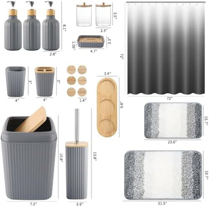 32PCS Grey Bathroom Accessories Set with Shower Curtain,Rugs,Trash Can,3PCS Lotion Soap Dispenser, Toothbrush Holder, Soap Dish,Tumbler Cup,6PCS Wood Tags Bath Accessories with Tray for Bathroom
