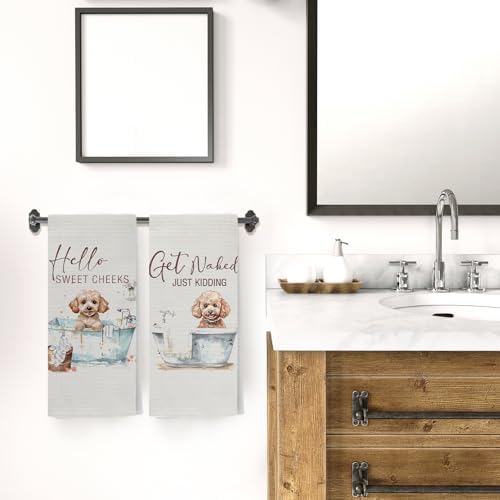 Funny Poodle Hand Towels, Hello Sweet Cheeks Bathroom Decor, Poodle Gifts Decorative Hand Towels for Bathroom Washroom Restroom, Gifts for Poodle Lovers, 16x24 Inch Set of 2