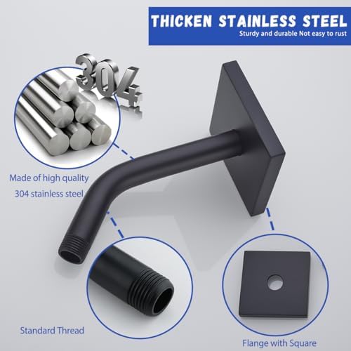 Shower Arm with Flange and Teflon Tape,6 in Wall Mount Replacement Angle Shower Head Arm Wall Mounted Shower Pipe Arm Extension for Fixed Shower Head Matte Black,SW-91018-6MB-SQ.
