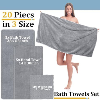 Mixweer 20 Pcs Bath Towel and Washcloths Set for Bathroom, Light Gray