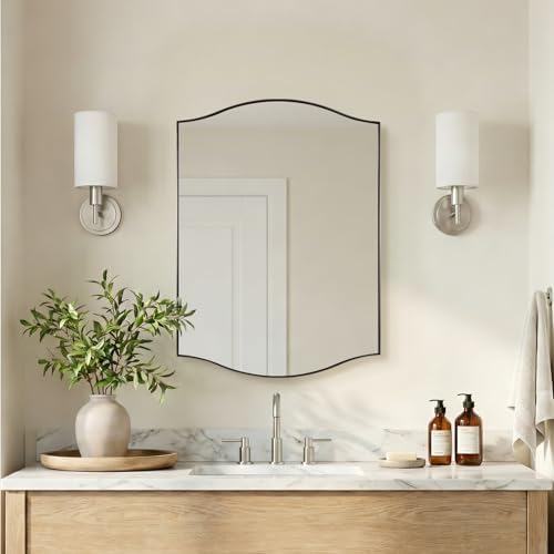 ANDY STAR Brushed Nickel Bathroom Mirror, 22"x30" Scalloped Wall Mirror in Stainless Steel Metal Frame, Unique Vanity Mirror with Modern Curved Edge Design, Ideal for Bathroom, Bedroom, Entryway