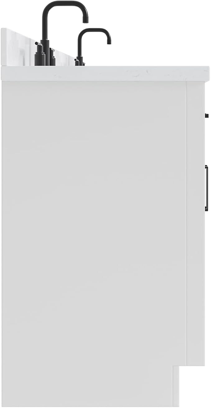 ARIEL Hepburn 60-inch Bathroom Vanity with Sink,Solid Wood, 1.5-inch Carrara White Quartz Countertop & Backsplash, Double Oval Porcelain Sink, 4 Soft Closing Doors, 6 Dovetail Drawers, White