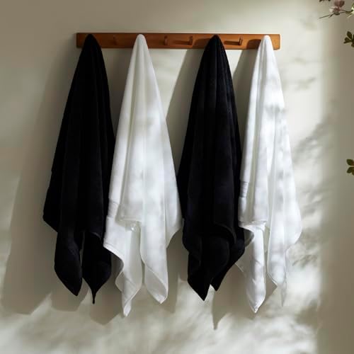 COZYART Luxury Bath Towels 4 PCS, 27x54 650 GSM Turkish Cotton, Black+White
