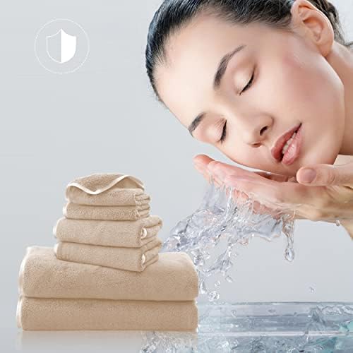 TENSTARS Luxury Silk Hemming Towel Set - Light Thin Quick Drying - 2 Bath Towels 2 Hand Towels 2 Washcloths - Ultra Soft Microfiber Towel for Bath Fitness, Sports, Yoga, Travel (Brown 6 Pieces)