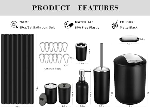 Bathroom Set, 20Pcs Bathroom Shower Curtain Sets with Hooks, Black Bathroom Accessories Set with Trash Can, Bathroom Accessories Sets Complete with Shower Curtain Set, Bathroom Accessory Set