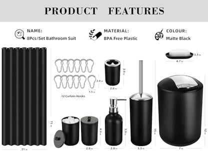 Bathroom Set, 20Pcs Bathroom Shower Curtain Sets with Hooks, Black Bathroom Accessories Set with Trash Can, Bathroom Accessories Sets Complete with Shower Curtain Set, Bathroom Accessory Set