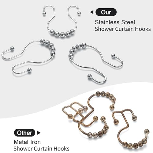 Goowin Shower Curtain Hooks, 12 Pcs Shower Curtain Rings, Stainless Steel Shower Curtain Hangers, Double Hook Shower Curtain Hooks, Smooth Sliding Anti-Drop Shower Rings for Curtain (Chrome)