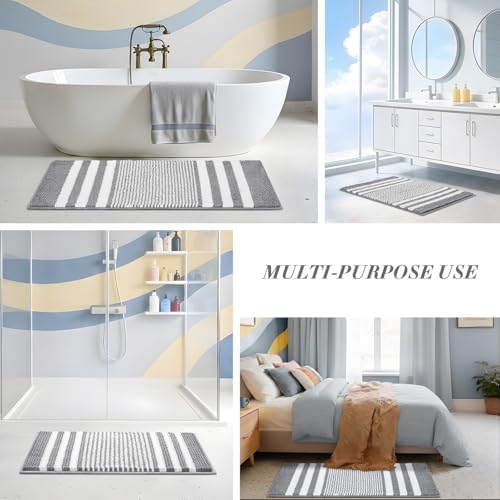 BSICPRO Bathroom Rugs Sets 2 Piece, Non Slip Striped Bath Mats, Light Grey