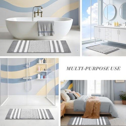BSICPRO Bathroom Rugs Sets 2 Piece, Non Slip Striped Bath Mats, Light Grey