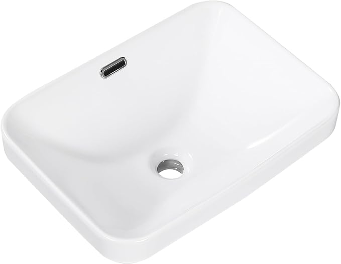 Bathroom Vessel Sink 18.2'' x 13.3'' Semi Recessed Bathroom Sink Rectangular Drop-in Vanity Sink with Overflow White Ceramic Modern Art Basin