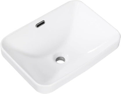 Bathroom Vessel Sink 18.2'' x 13.3'' Semi Recessed Bathroom Sink Rectangular Drop-in Vanity Sink with Overflow White Ceramic Modern Art Basin