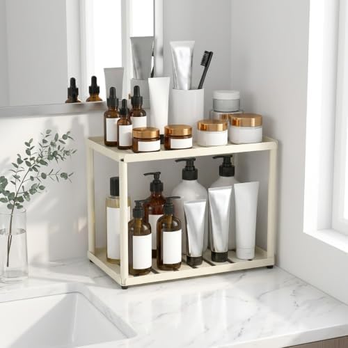 2 Tier Bathroom Counter Organizer, Rectangular Vanity Organizer Shelf, Skincare and Makeup Countertop Storage Rack for Kitchen, Bathroom, Bedroom Beige