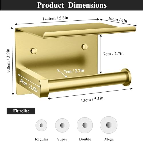 Tindbea Toilet Paper Holder with Phone Shelf, Adhesive or Screw Wall Mount Toilet Tissue Roll Holder, Rustproof & Multifunctional Stainless Steel Bathroom Storage Dispenser (Brushed Gold)
