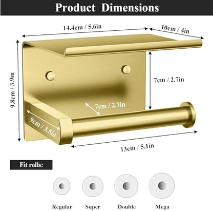 Tindbea Toilet Paper Holder with Phone Shelf, Adhesive or Screw Wall Mount Toilet Tissue Roll Holder, Rustproof & Multifunctional Stainless Steel Bathroom Storage Dispenser (Brushed Gold)