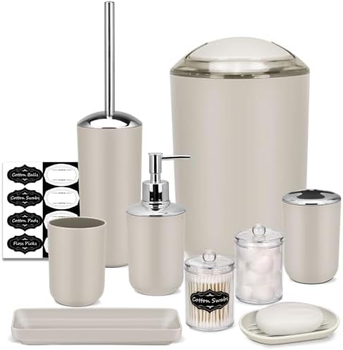 IMAVO Bathroom Accessories Set,Beige Bathroom Set,9 Pieces Bathroom Accessory Set,Tray,Qtip Holders,Toilet Brush,Trash Can for Bathroom Décor and Home Gifts