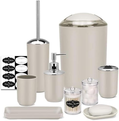IMAVO Bathroom Accessories Set,Beige Bathroom Set,9 Pieces Bathroom Accessory Set,Tray,Qtip Holders,Toilet Brush,Trash Can for Bathroom Décor and Home Gifts